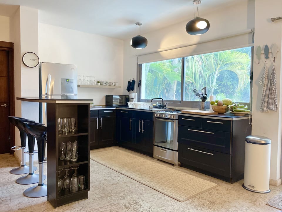 Fully quipped kitchen with garden and ocean view.e