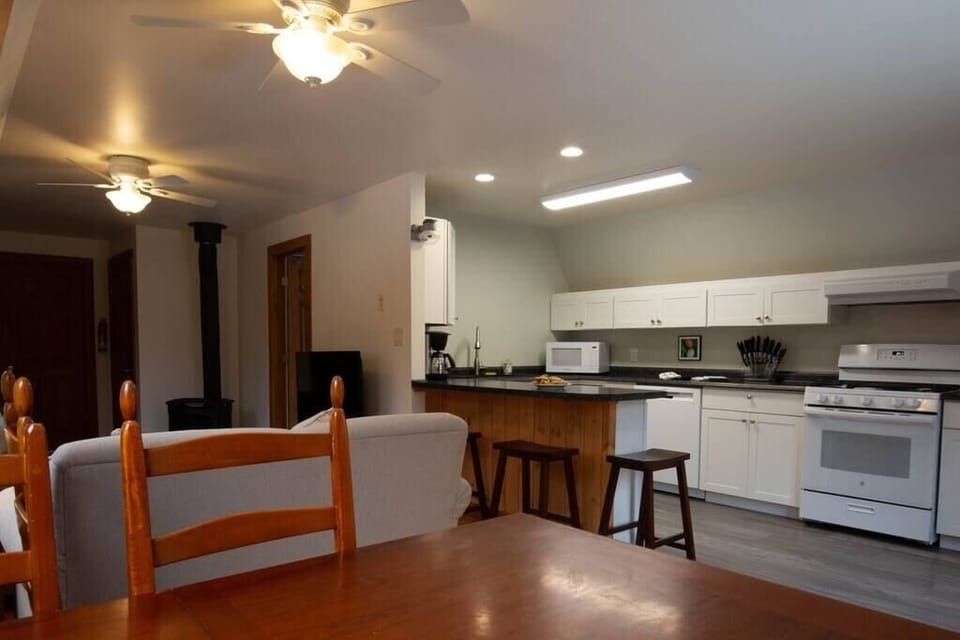 Dining room and kitchen. Heating stove in distance.