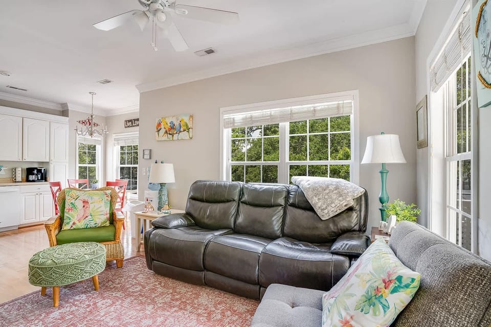 Sunlit living room with cozy leather seating and garden views
