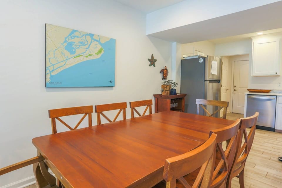 The dining room and kitchen are located on the lower level of the home.