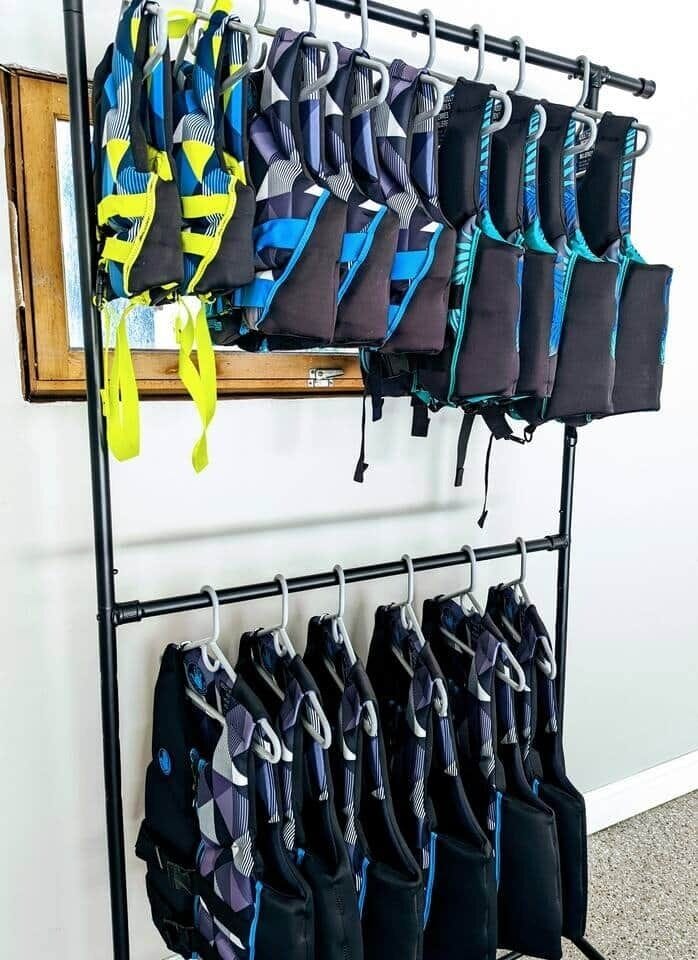 A wide variety of life jacket sizes, available for guests to use. 