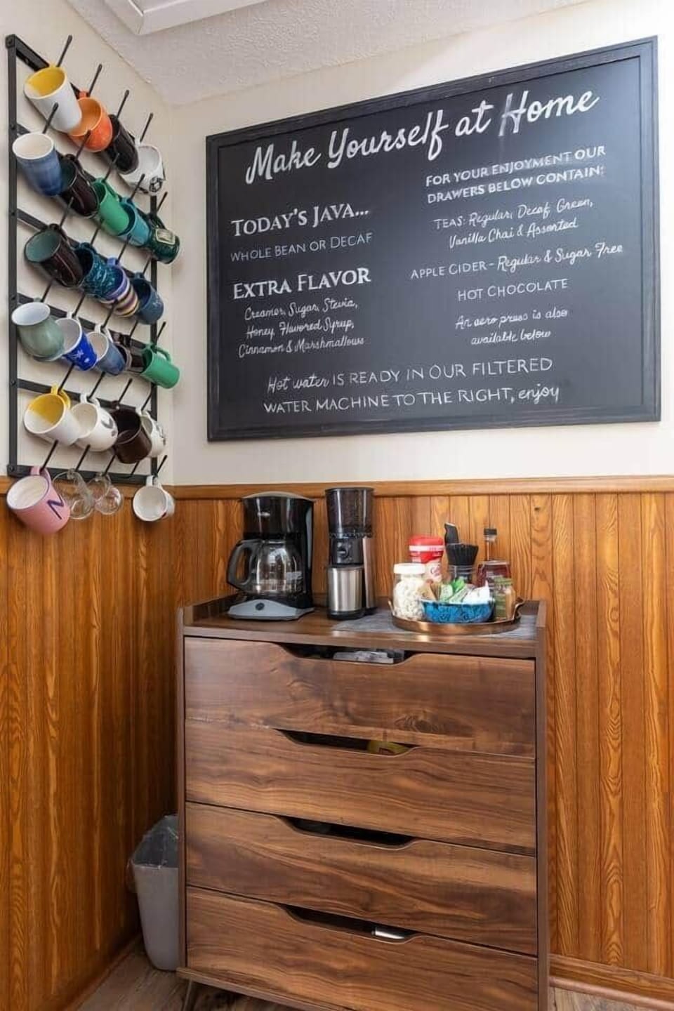 Hot Beverage bar with coffee, hot chocolate and various teas stocked for your enjoyment.