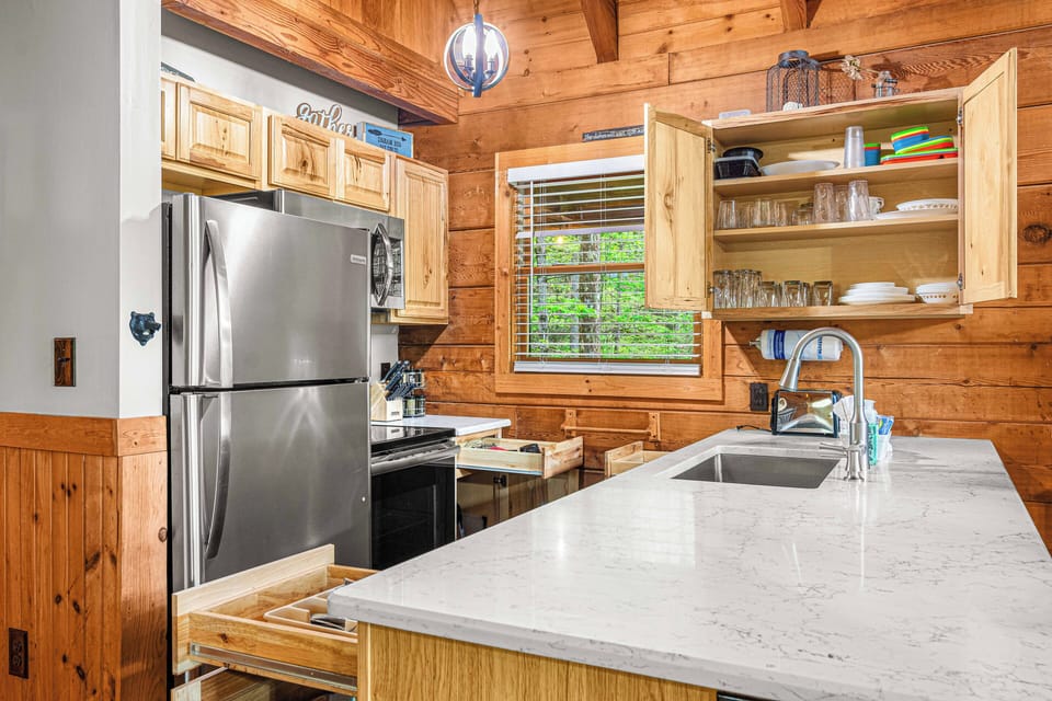 Kitchen with open cabinets.