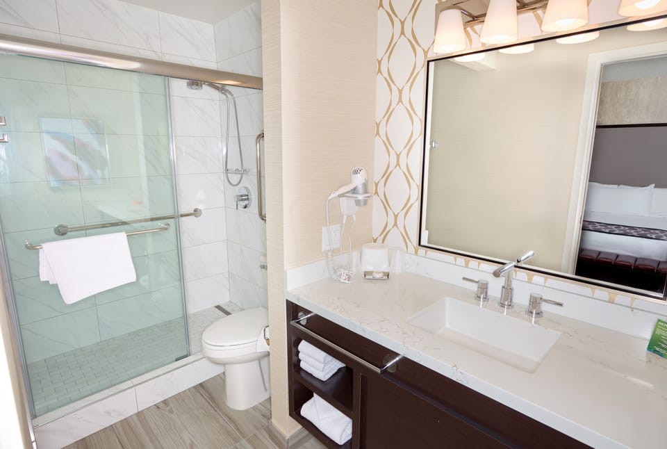 Shower, free toiletries, hair dryer, towels