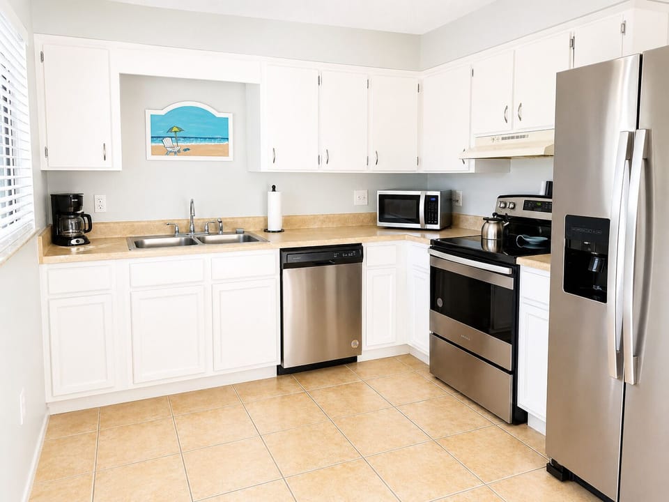 The kitchen is fully stocked if you feel like cooking at home, complete with an oven, full size fridge, microwave, coffee pot (and coffee), tea kettle, dishwasher, and all the utensils you will need.