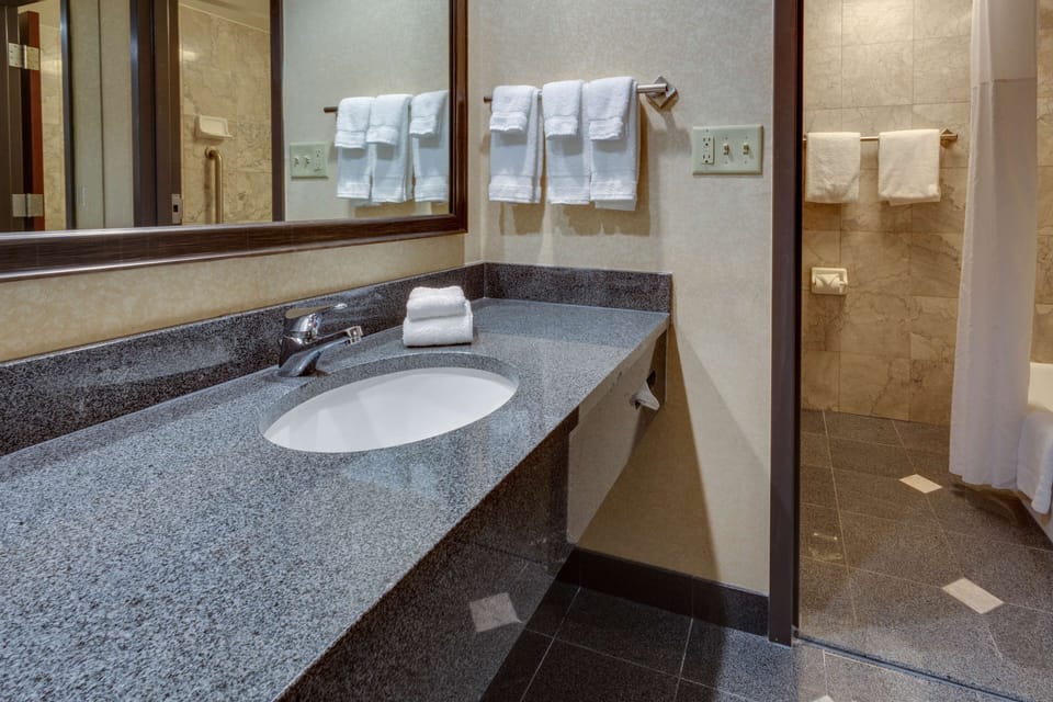 Room, 1 King Bed with Sofa bed (Sofa Sleeper) | Bathroom | Combined shower/tub, free toiletries, hair dryer, towels