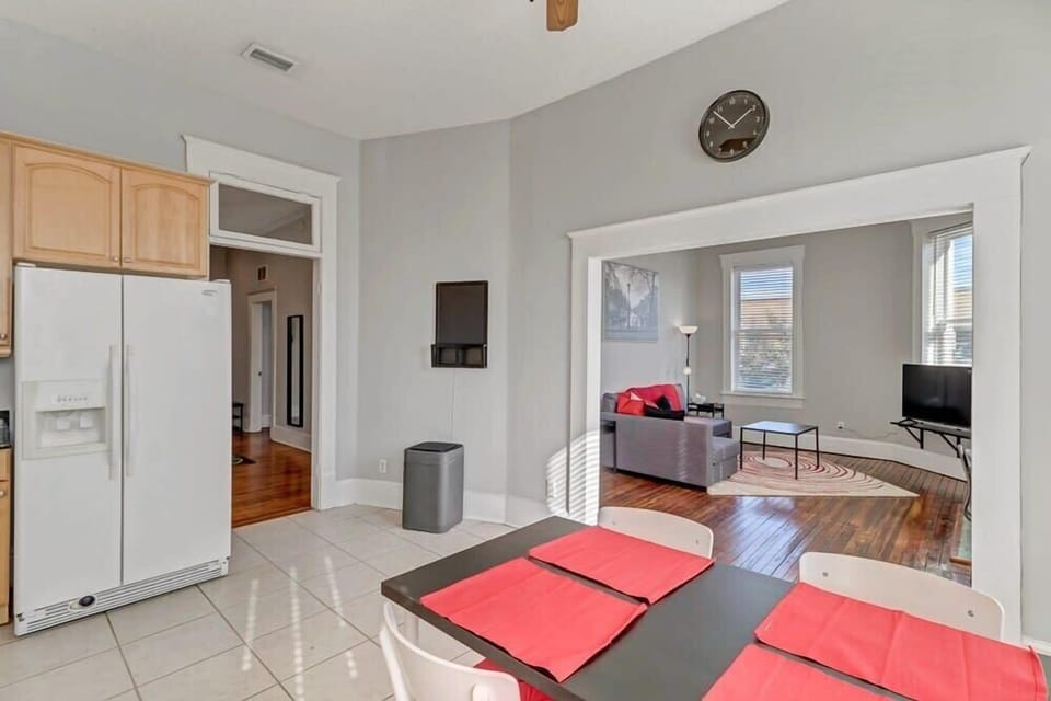 Kitchen is open and bright