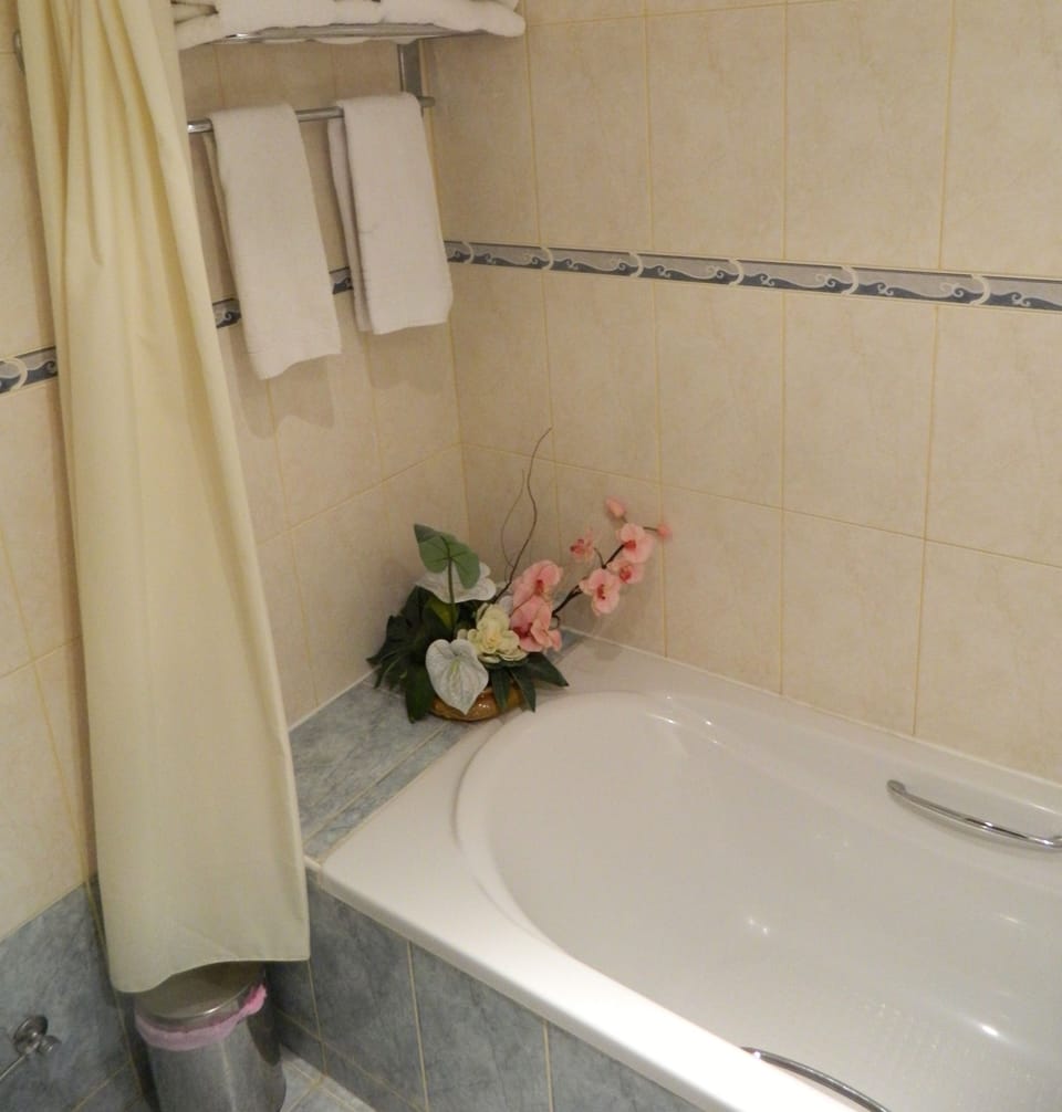 Bathtub, free toiletries, hair dryer, towels
