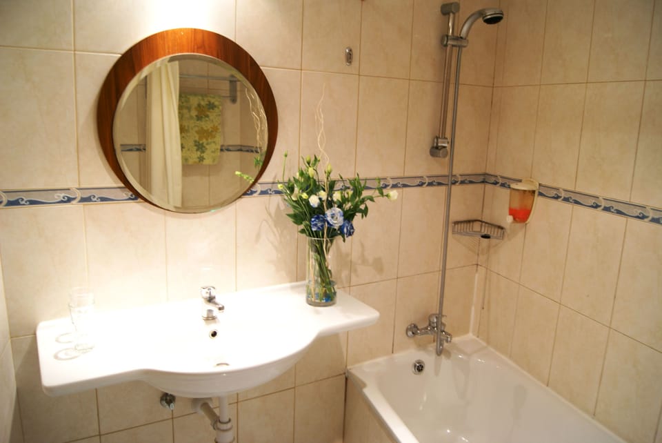 Bathtub, free toiletries, hair dryer, towels
