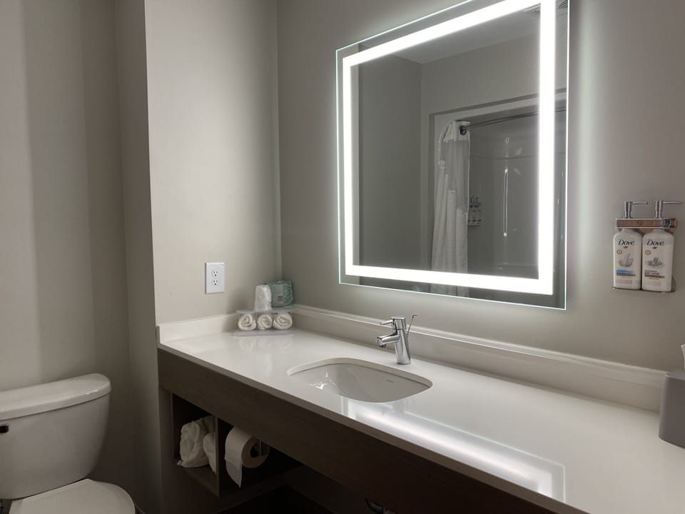 Combined shower/tub, free toiletries, hair dryer, towels