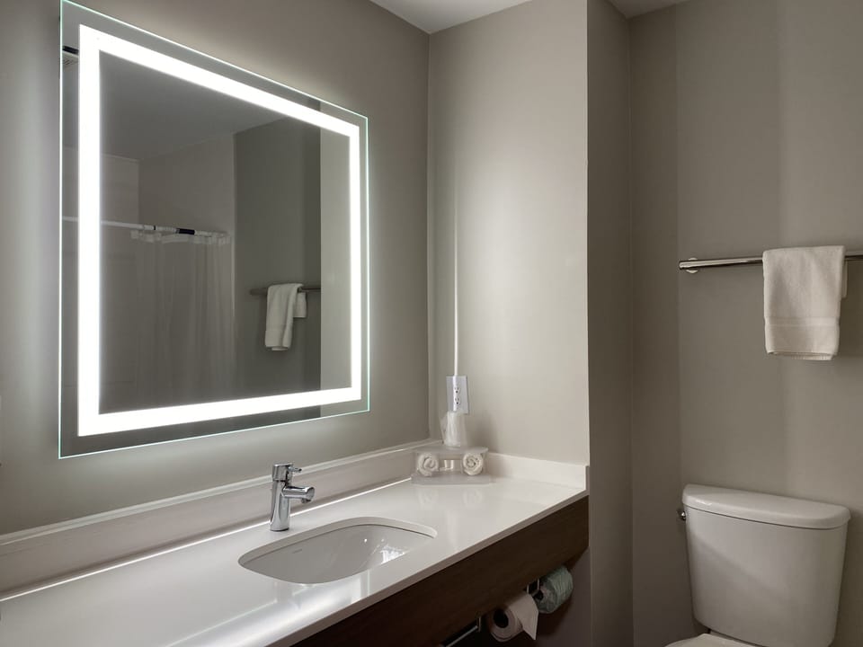 Combined shower/tub, free toiletries, hair dryer, towels