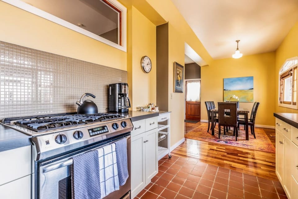 Kitchen space convenient to dining.