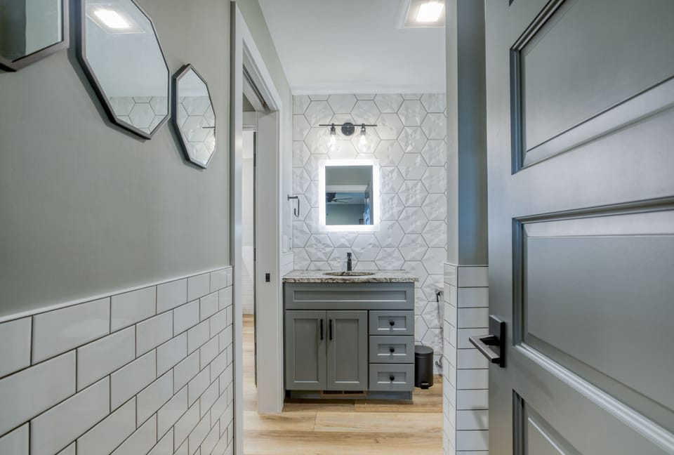 Upstairs, mini-master bathroom with shower