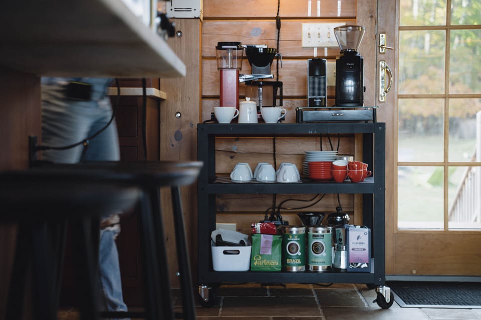 Fully stocked coffee bar: espresso, filter coffee, French press, pourover, mokka