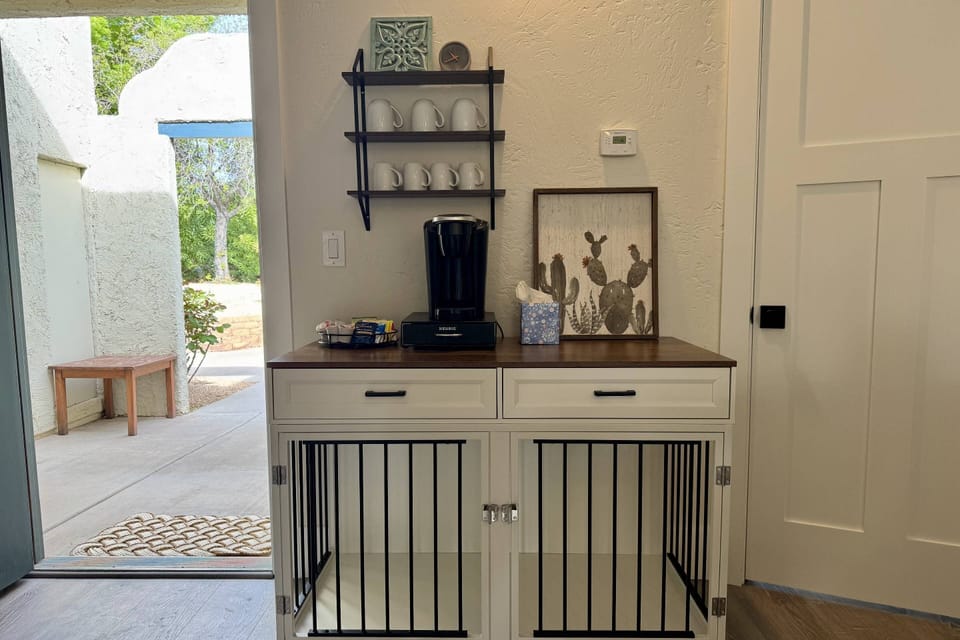 Additional counter space for your morning coffee as well as a dog crate for those times you can’t take your pup with you