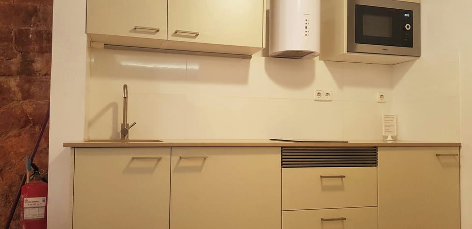 The open kitchen features modern appliances and ample storage, including a microwave, toaster, coffee maker, induction cooktop, and washing machine. The sleek countertop provides a practical workspace for preparing meals.