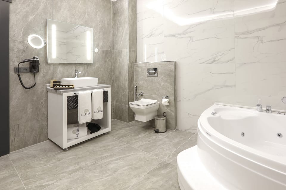 Suite | Bathroom | Shower, rainfall showerhead, hair dryer, bathrobes