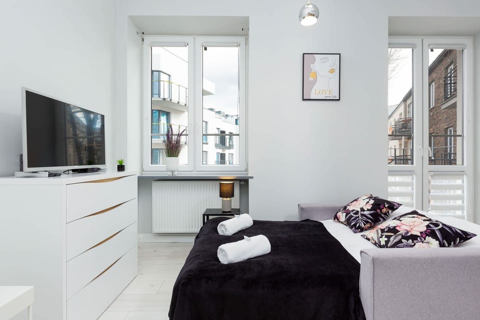 The spacious living room features a comfortable sofa bed and a flat-screen television.