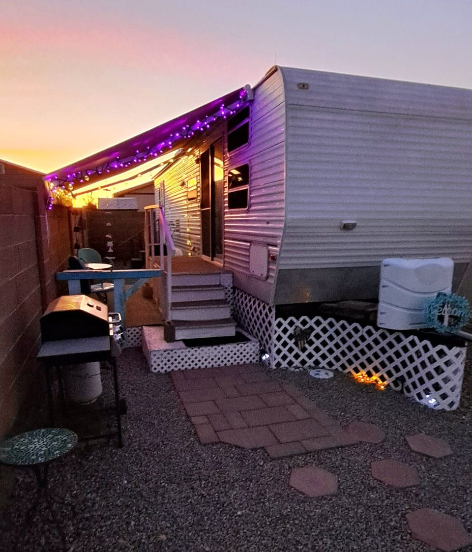 Private patio with lights