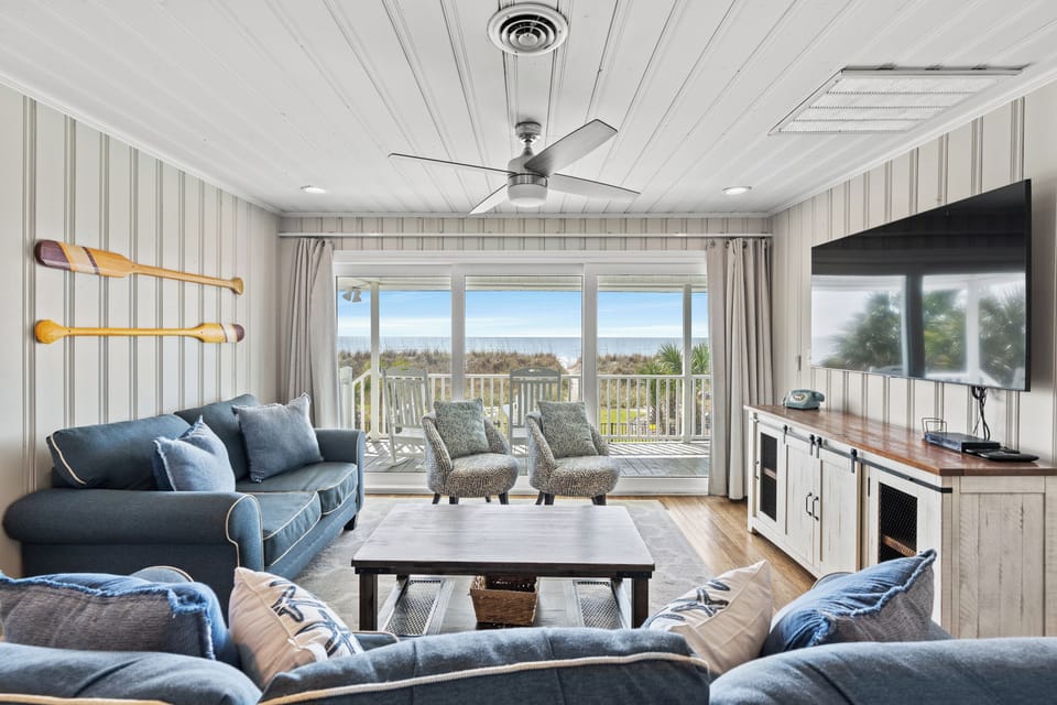 The ocean front living room is fabulous for movie night with the family.