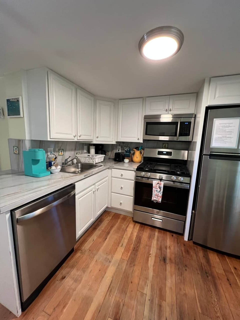 Keurig, with a short supply of coffee pods, drip coffee maker, assorted teas, toaster