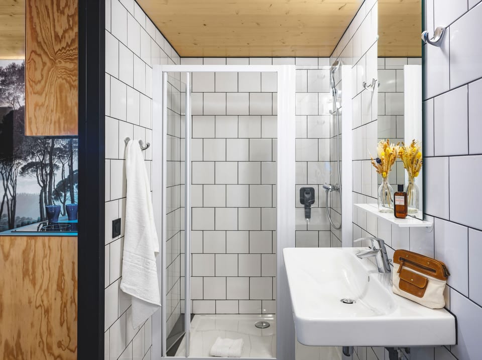 Shower, eco-friendly toiletries, hair dryer, towels
