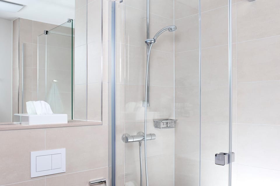 Shower, free toiletries, hair dryer, towels