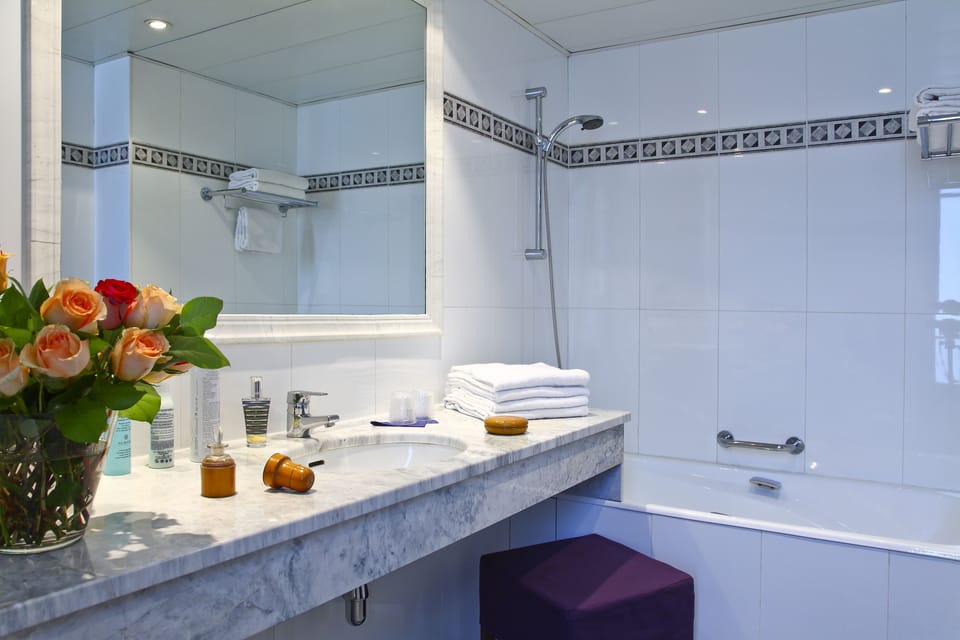 Hair dryer, towels, shampoo