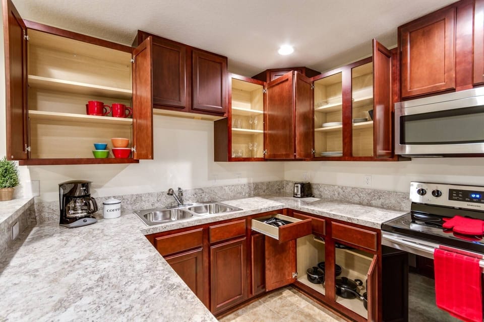 Plenty of plates, dishes, cookware for use during your stay.