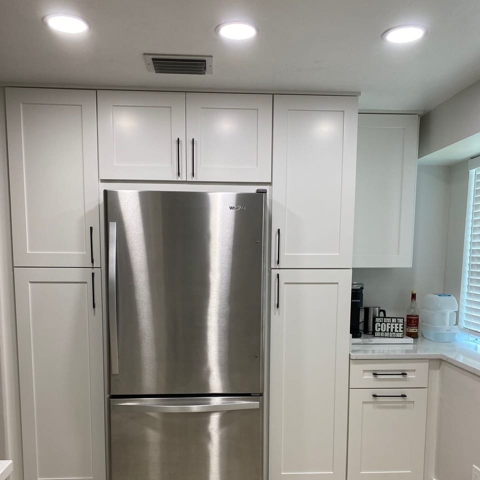 View of the large stainless steel fridge