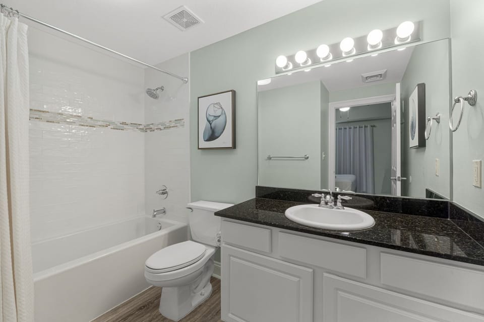 Master bathroom with tub and shower combo, dark granite vanity, and white cabinetry.