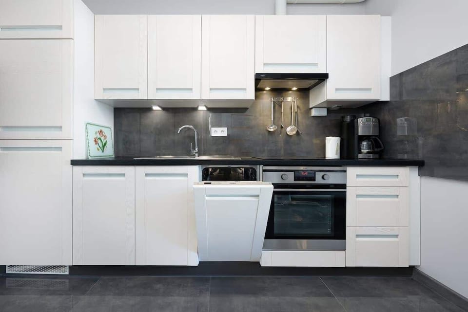 Kitchen close-up with full amenities, including fridge, oven, and dishwasher for your convenience.