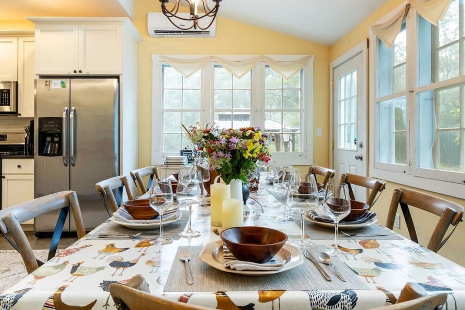 Formal or informal-- stemware and cloth napkins if you want.  The chicken oilcloth is from--- Paris!  Yes, I bought it there and had to wear almost all the clothes I had packed to make room in the suitcase for it.   Love it that much....