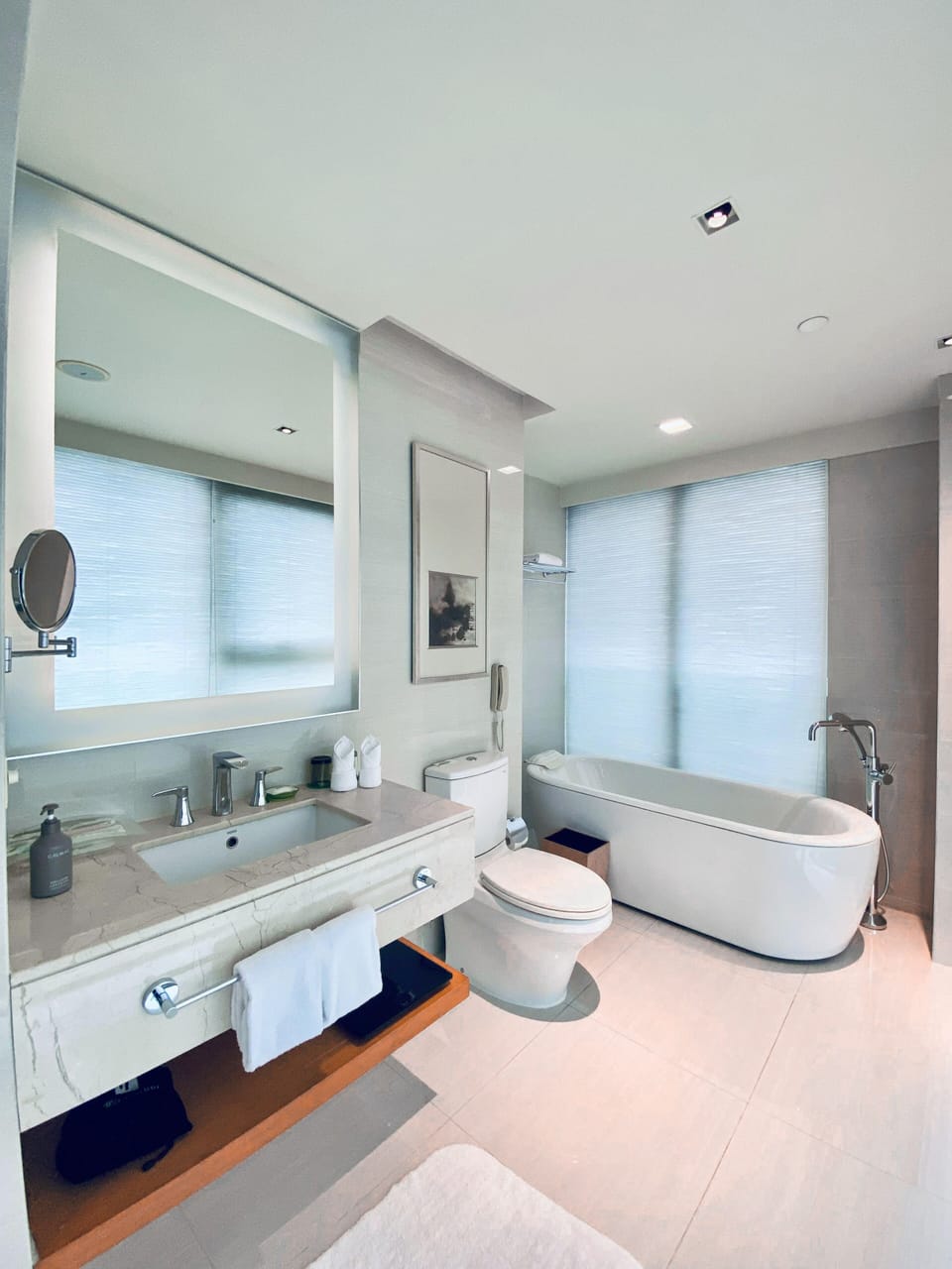 Rainfall showerhead, hair dryer, slippers, towels