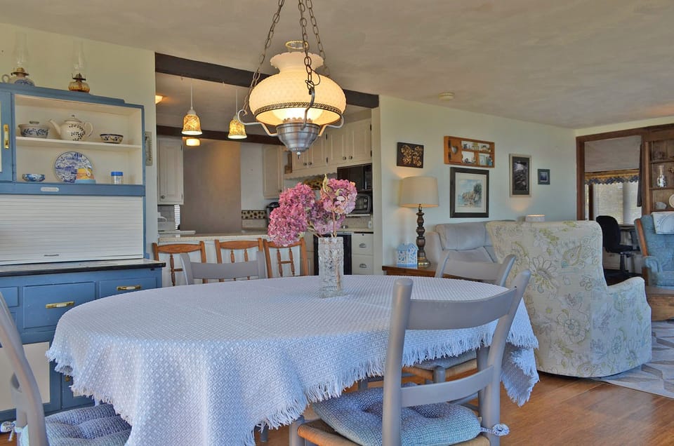 The dining table seats up to 6.