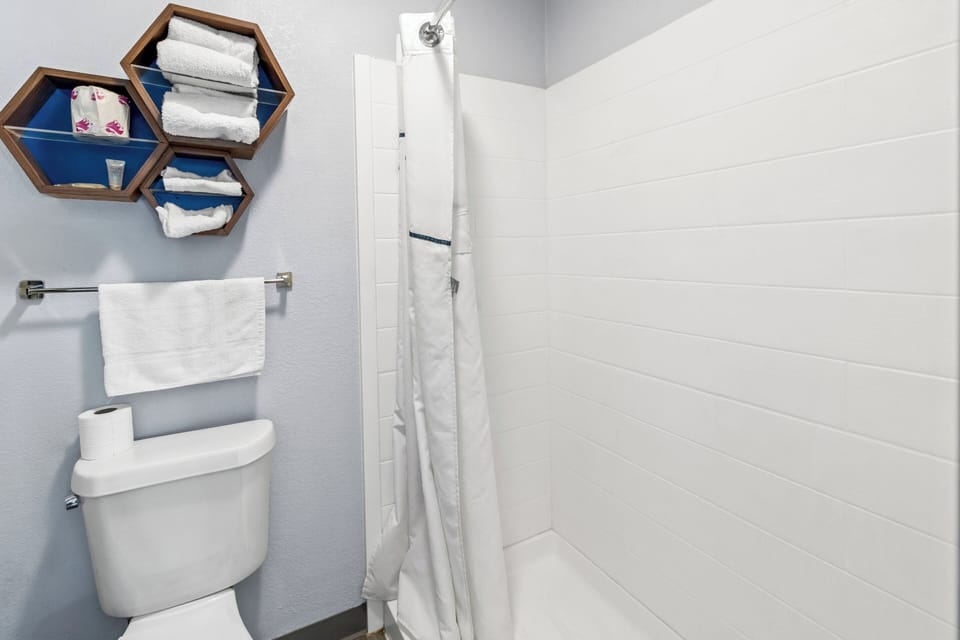 Shower, free toiletries, towels, soap