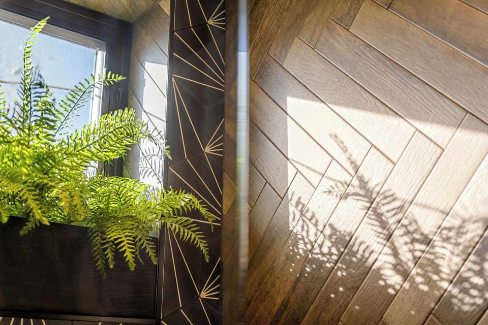 Privacy windows in the shower bring in all the natural light