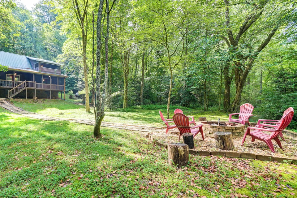 Private Yard | Wood-Burning Fire Pit | 2-Story Cabin | Creek Access On-Site