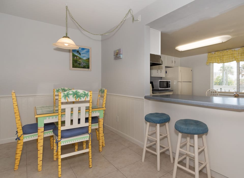 View of the kitchen and the dining area