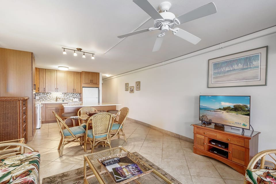 Spacious living room, Smart TV, Split AC, and a gourmet kitchen.