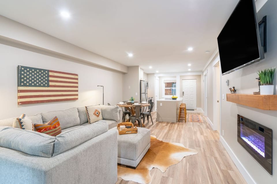 Cozy up by the electric fireplace and relax after a long day on the mountain. There is an additional piece for the sofa stored in the closet that completes the set to be used as an additional sleeping area if desired.