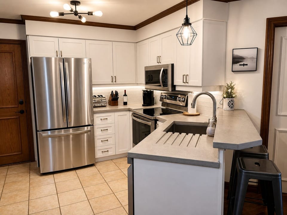 Fully equipped kitchen with beautiful concrete countertops.