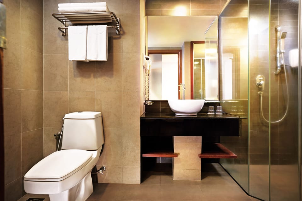 Shower, free toiletries, hair dryer, slippers
