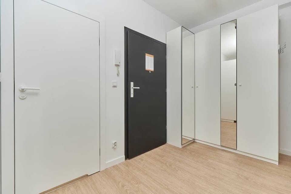 The apartment's hallway, showcasing sleek doors, a clean design, and a minimalistic approach to decor.