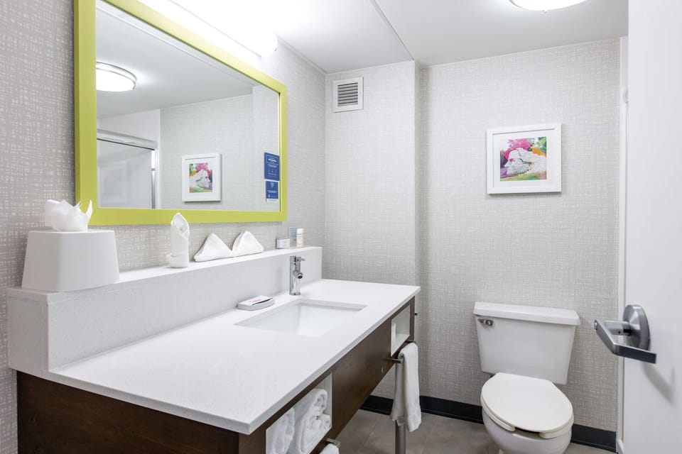 Combined shower/tub, free toiletries, hair dryer, towels