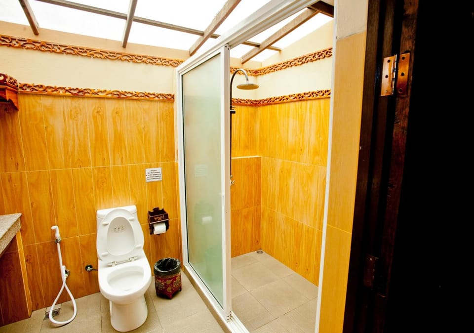 Shower, free toiletries, hair dryer, towels