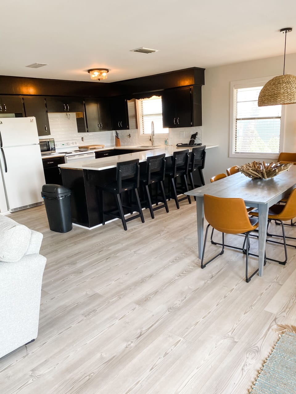 Open kitchen and dining area with plenty of seating.
