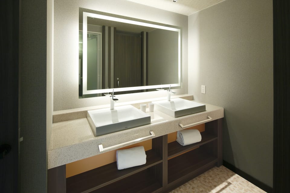Combined shower/tub, free toiletries, hair dryer, slippers