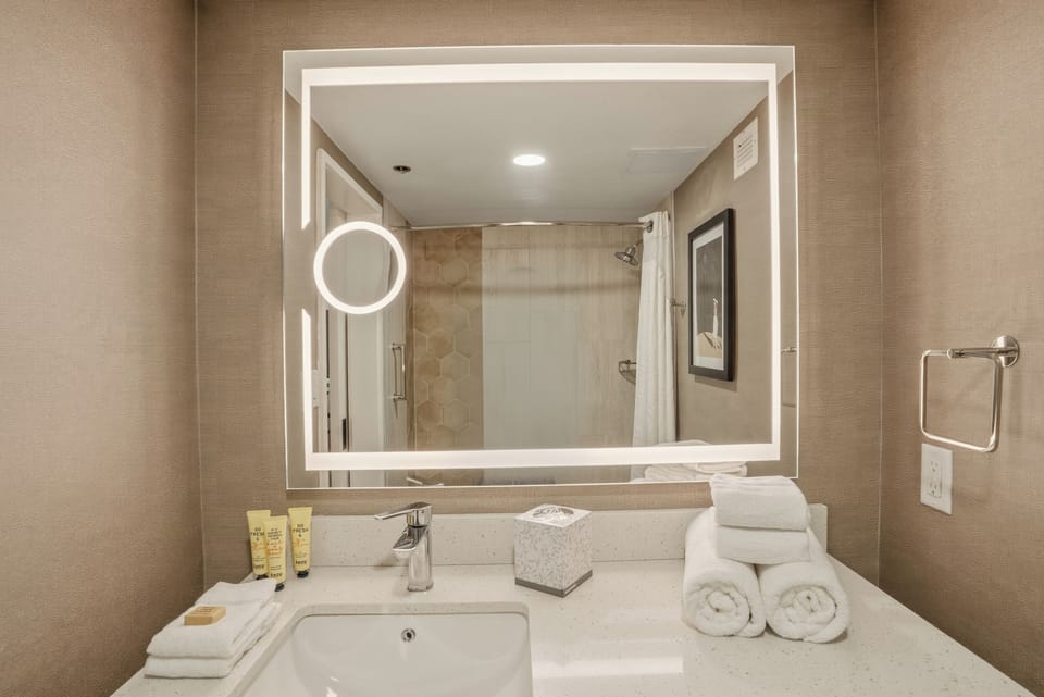 Combined shower/tub, eco-friendly toiletries, hair dryer, towels