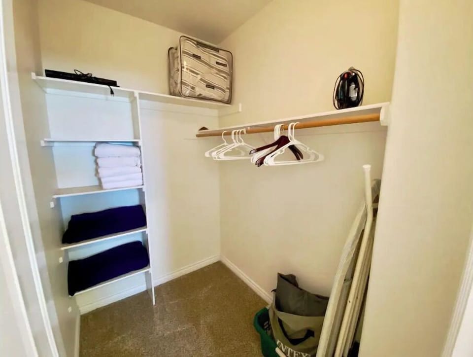 Walk-in closet. Double high queen air mattress with built-in pump.